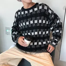 2018 осень-зима новые Мужская мода решетки Вязание шерстяные круглый воротник пуловеры Свободные Повседневное 3 цвета мужские свитера M-2XL