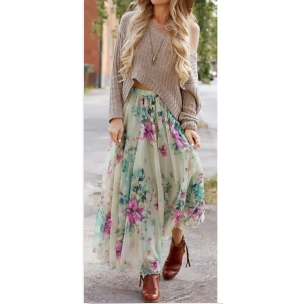 

Chiffon Korean Casual Floral Printed High Waist Maxi Skirts Summer Women Boho Beach Big Pendulum Long Skirts Girls Boemian