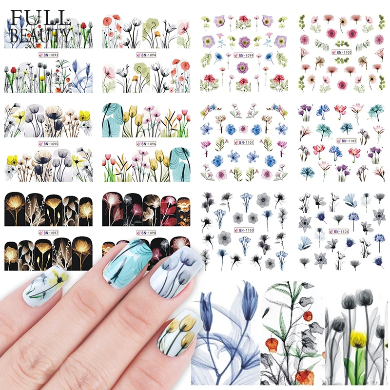 

12 Type Watercolor Sticker on Nails Summer Full Flower Decals Nail Foils Transparent Daffodil Iris Hyacinth Decals CHBN1093-1104