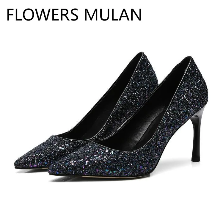 

2018 Italian Shoes with Matching Bags Bling Sequined Leather Upper Ladies Pumps Pointed Toe High Heels Wedding Shoes Slip On