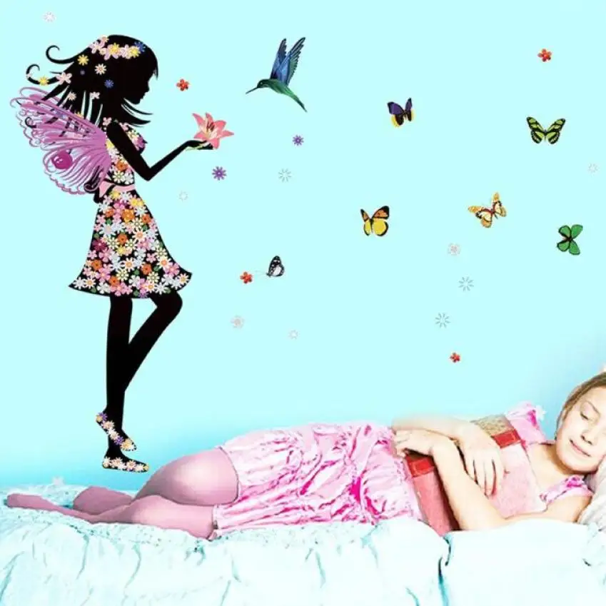 KAKUDER Крылья Ангела красивые девушки цветы Бабочка DIY наклейки на стену для детской комнаты переклеивающиеся декоративные D40Se15 - Цвет: Черный