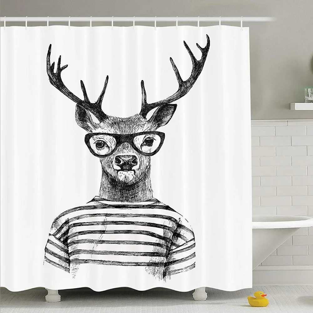 

Nordic Novelty Dressed Up Deer Reindeer Shower Curtain Set Funny Nerd Hipster Deer Bathroom Curtain Black White Artsy Home Gifts
