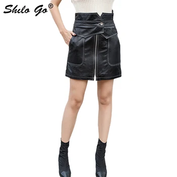 

Streetwear Leather Skirts Womens Side Big Pocket High Waist Sheepskin Genuine Leather A Line Skirts Casual Female Hot Skirts