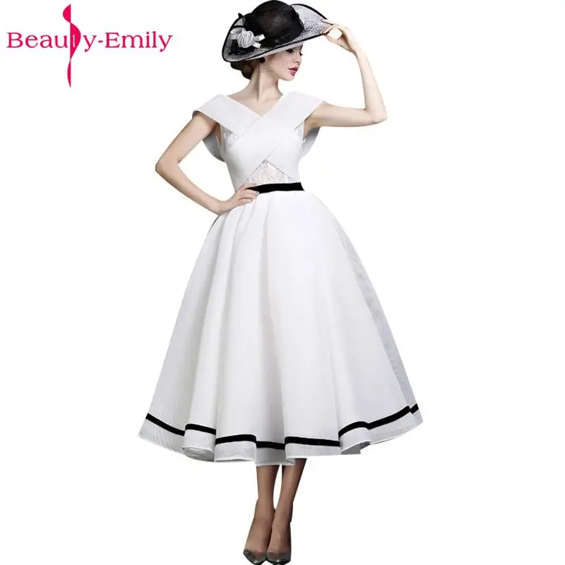 2017 New Design A-line White and Black V-Neck Sleeveless Backless Tea-length Sashes Party Eveing Dress Prom Dresses