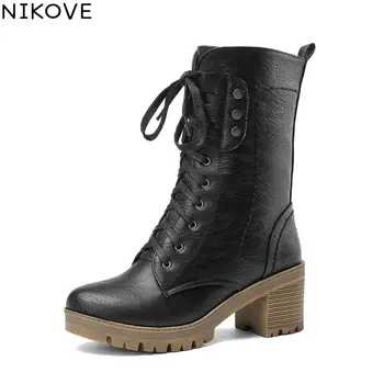 

NIKOVE New Winter Shoes Woman Lace Up Mid Calf Boot Motorcycle Boots PU leather Riding Boots Fashion Ladies Shoes Size 34-43