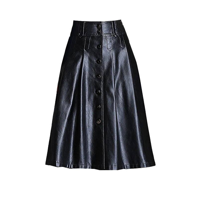 Осенняя Женская юбка из искусственной кожи с высокой талией, юбка-трапеция из искусственной кожи, модная Корейская уличная черная юбка из искусственной кожи для женщин