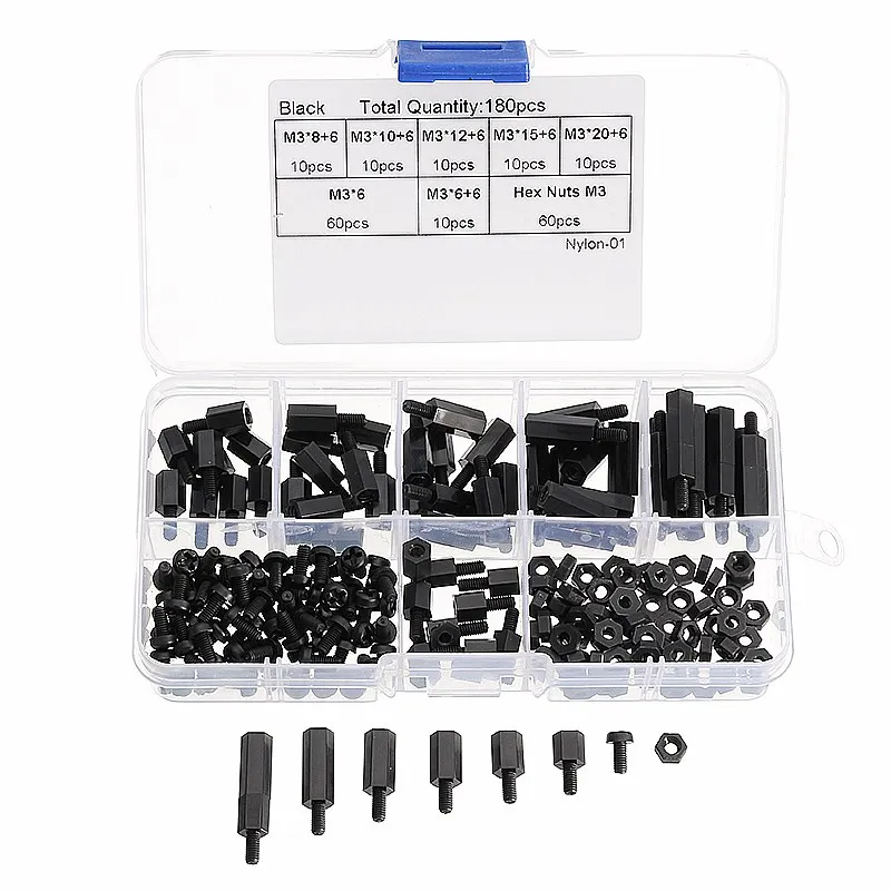 

SULEVE New 180Pcs/Set M3NH10 M3 Nylon Screw Black White Hex Screw Nut PCB Standoff Assortment Kit with Box Fastener Hardware