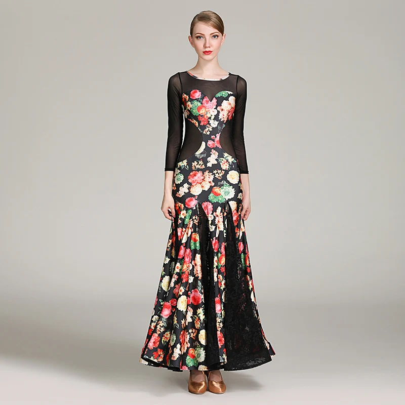 

Ballroom Dance Dress Milk Silk Printed Long Sleeve Waltz Modern Tango Flamenco Standard Ballroom Dance Clothes Women