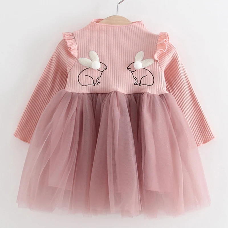 2018 New Brand font b Baby b font Dresses Long Sleeve Rabbit embroidery Party Prom Lace