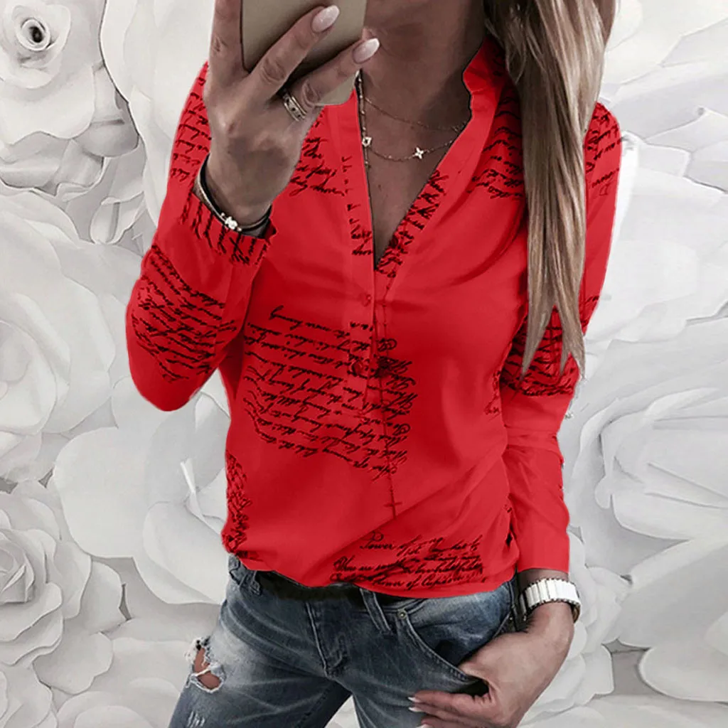 

2019 Women Blouse V Neck Letters Printing Button Long Sleeve Shirt Casual Womens Tops And Blouses Summer Tunic Tops Blusas