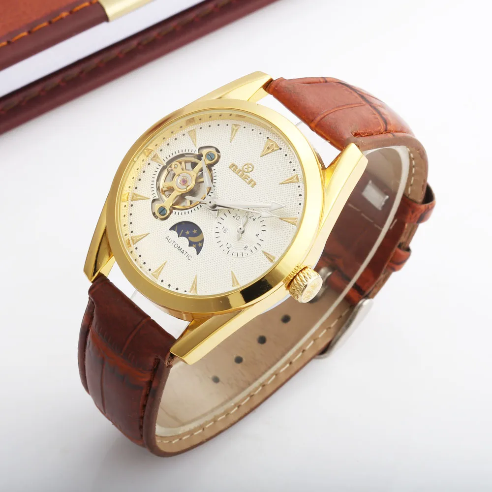 

GOER 2018 Golden Design Moon Phase 24 Hours Display Mens Watches Top Brand Luxury Automatic Fashion Mechanical Watch Winner