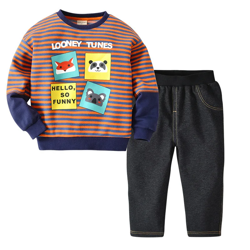 

New medium and small boy suit boy long-sleeved striped print cartoon