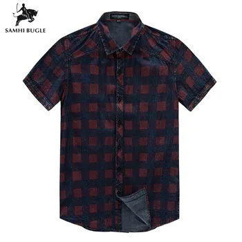 

USA Size M-XXXL 2019 Summer Men Short Sleeve Casual Shirt Cotton Plaid Denim Shirt Social Business Shirt Men Checked Shirts