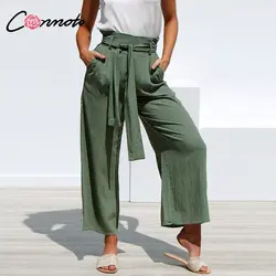 Conmoto высокая талия широкие брюки облегающие Комбинезоны для женщин Зеленый Лен Длинные брюки для девочек 2018 повседневная женская обувь