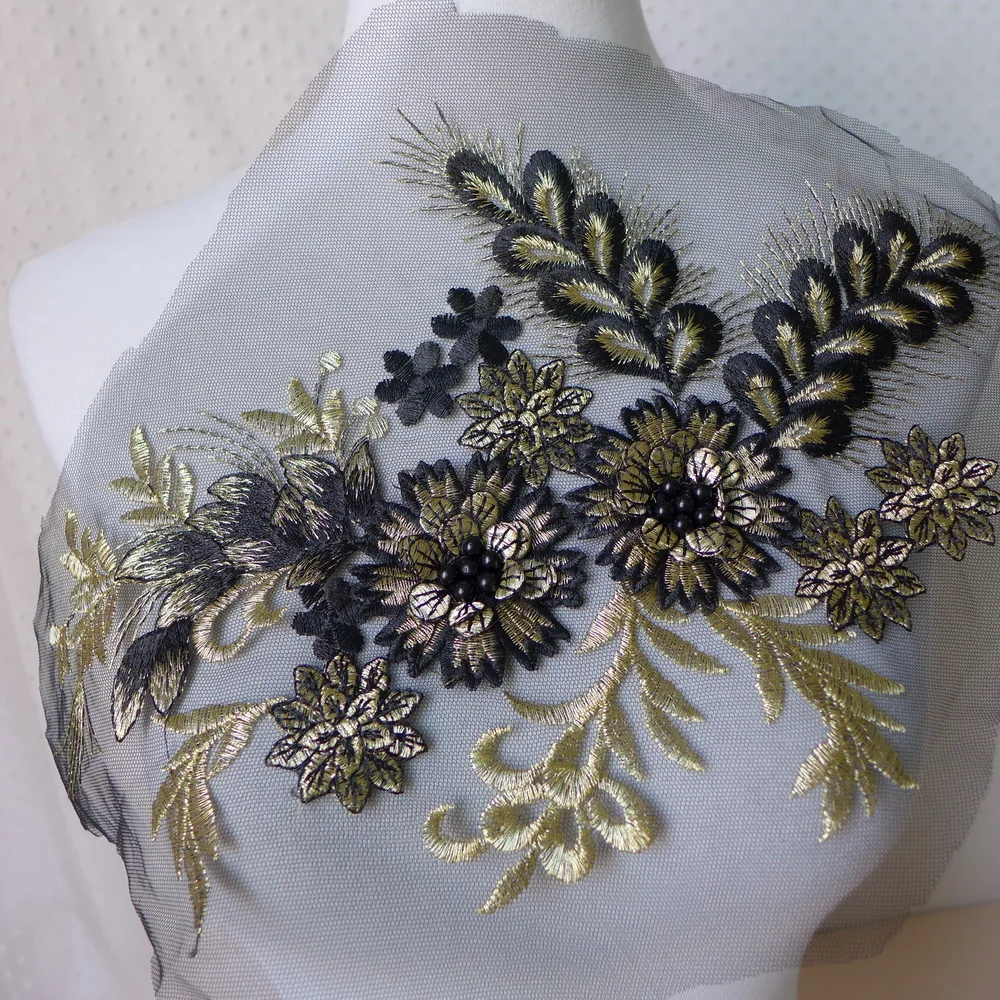 Vintage Gold Embroidered Mesh Lace Applique Trim With Pearl Beaded For