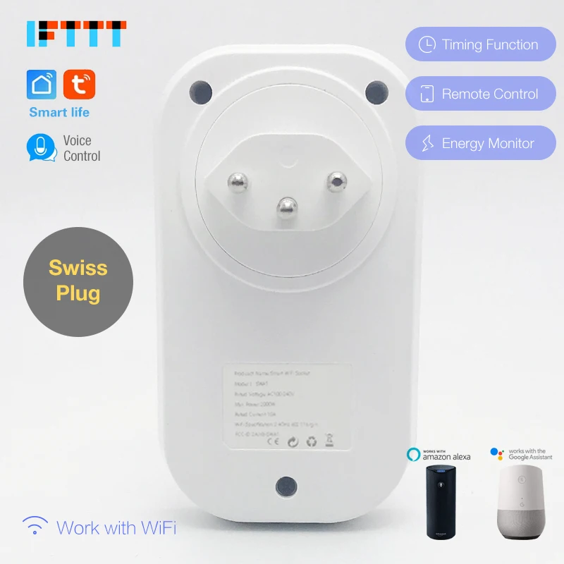 Смарт розетка швейцарская 16 А Wi Fi голосовое управление работает с приложением