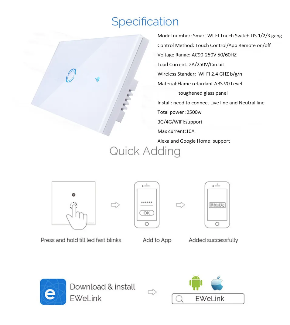 New Ewelink App US Type 2 gang wall light wifi switch, touch control panel, wifi remote control via smart phone, work with Alexa-9