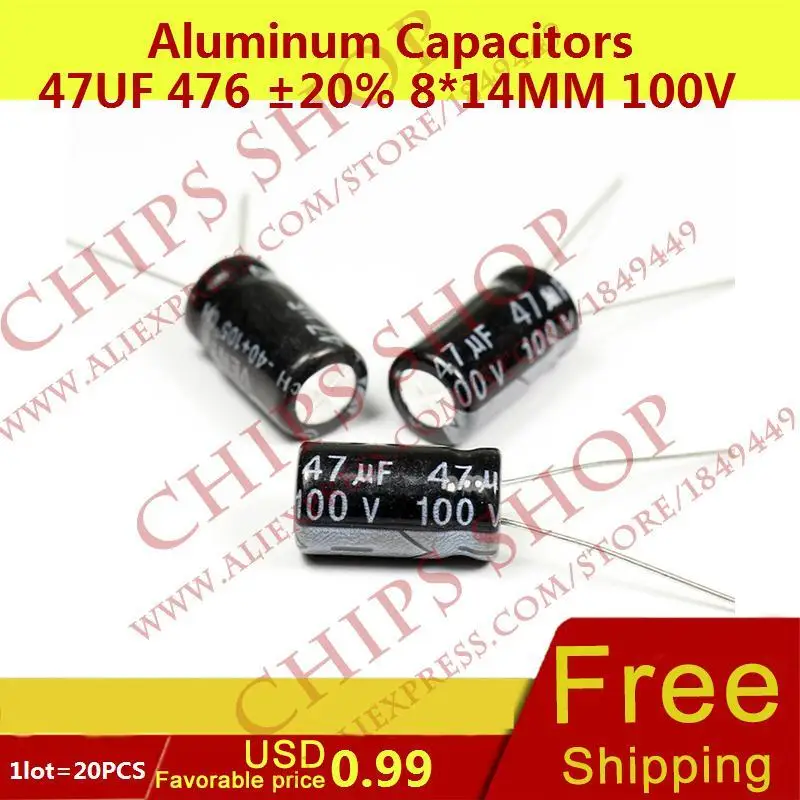 1LOT 20PCS Aluminum Capacitors 47uF 476 20 8 14mm 100V 47000nF 47000000pF Diameter8mm
