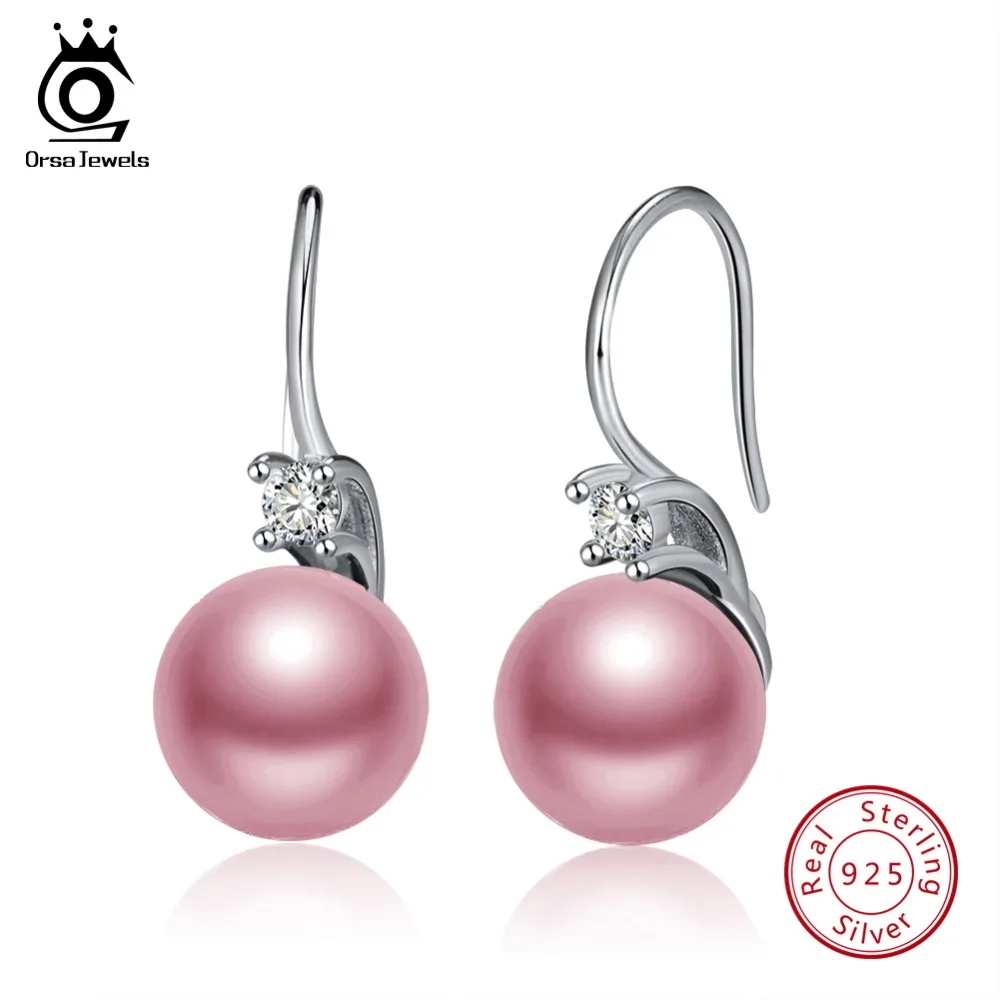 

ORSA JEWELS Genuine 925 Sterling Silver Female Dangle Earrings AAA Zircon Purple Simulated-pearl Women Earring Jewelry SE85-P