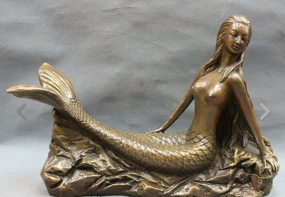 

wan67006+++ 14" Chinese Bronze Copper Belle Mermaid Marine's Sea-maid Goddess Fish Statue