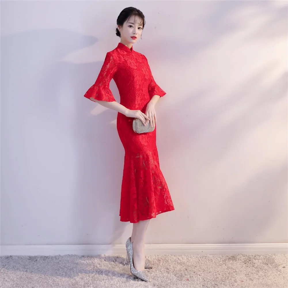 Шанхай история по колено Cheongsam национальный тренд китайское традиционное платье Кружева Qipao Flare рукавом Qipao Китайский Стиль платье