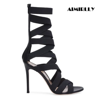 

Aimirlly Women Shoes Mid Calf Stretch Boots Elastics Band Wraps High Heel Strappy Sandals Black Summer Party Dress Heels