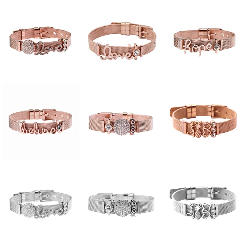 

Keeper Series Simple Letters with Clean CZ Stainless Steel Mesh Bracelet for Women Charm DIY Bracelet Valentine's Day Jewelry