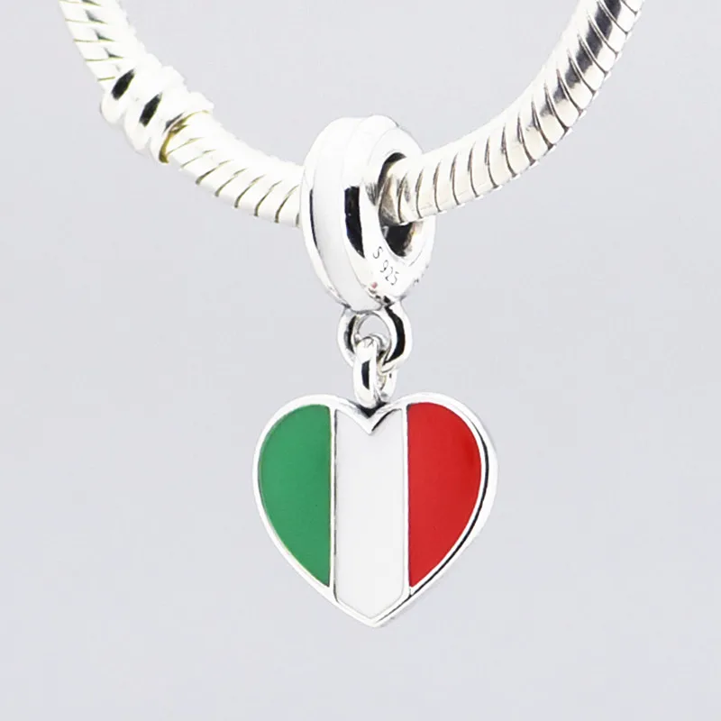 

Fit Pandora Bracelets Diy Italy heart flag Charm 100% 925 Sterling Silver Green White Red Enamel Dangle Charm FL236