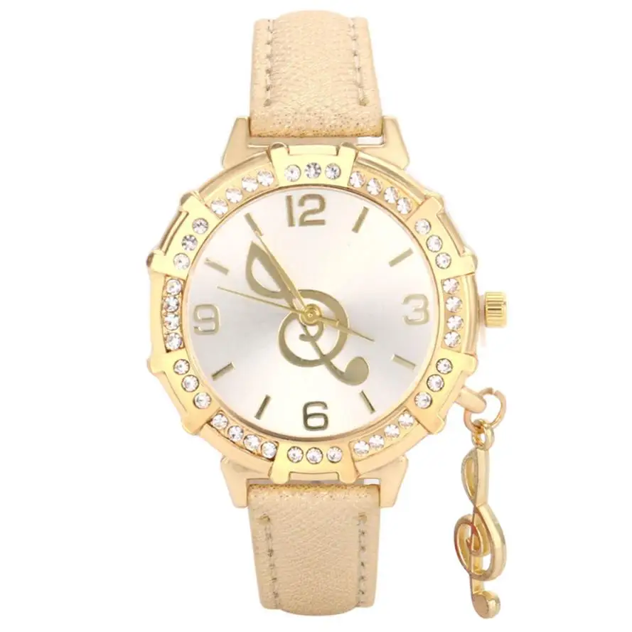 

Women's Watches New Women Quartz Wrist Musical Note Tower Rhinestone Diamend Pendant Leather Wrist Watch Girls reloj mujer A15