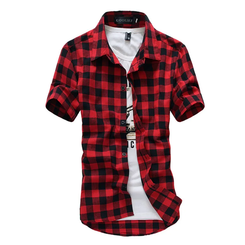Модная мужская летняя хлопковая Повседневная рубашка на пуговицах, мужская клетчатая рубашка с коротким рукавом, топы, футболки, синие, черные, красные, M-3XL