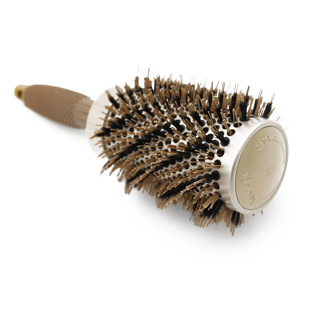 Антискользящая ручка, Парикмахерская щетка для сушки волос, для завивки волос,, щетина кабана, ионная Тепловая керамическая круглая расческа для волос, инструмент для укладки
