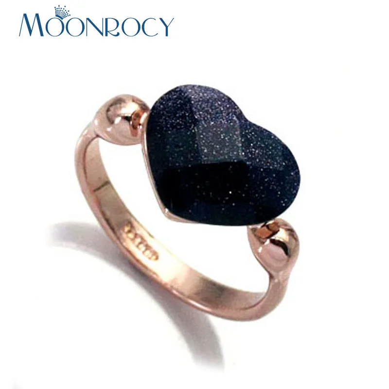 MOONROCY Crystal Rings Heart Shape Drop Shipping Blue Sands Black Rose Gold Color Crystal Jewelry Wholesale for Women Girl Gift