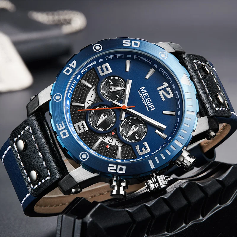 

Megir Chronograph Watches Men Waterproof Men's Sport Leather Blue Male Clock Quartz Watches Men Luxury Brand Wrist Watch Man