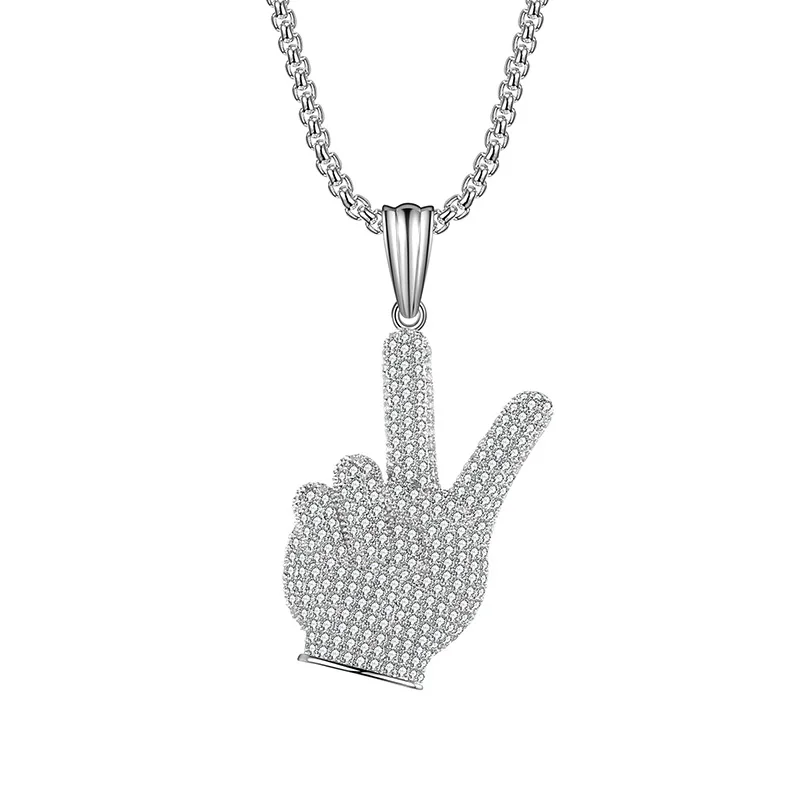 

High Quality Micro Zirconia Good Lucky Victory Hand Gesture Silver Color Necklace Hip Hop Statement Jewelry Pendant Cool Gift