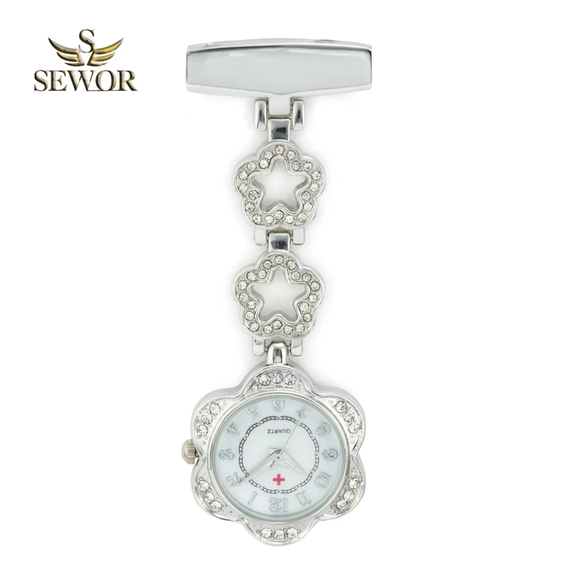 

2017 SEWOR Luxury Womens Nurse Pocket Watches Chic Five star Stainless Steel Crystal Silver Pocket Watches Ladies Favorite C182