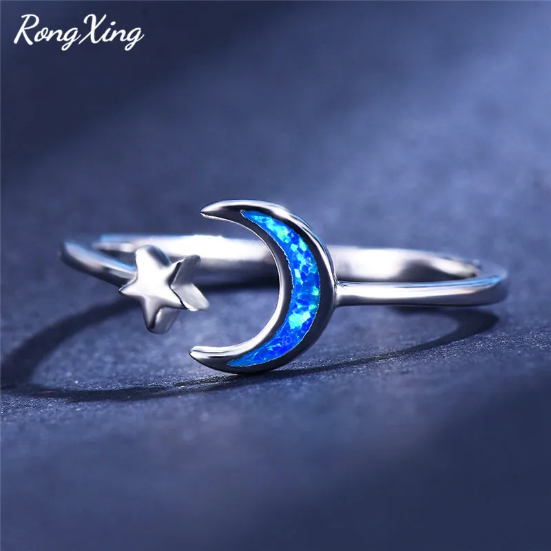 RongXing кольцо с белым золотом в форме звезд и Луны синее/Белое огненное Опаловое