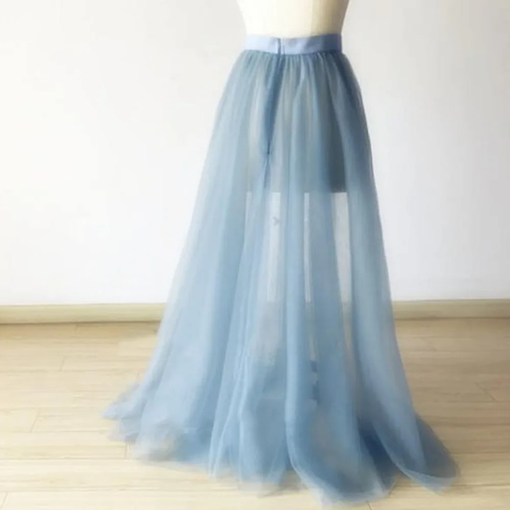 Модные пыльный голубой Для женщин Обёрточная бумага тюль юбки на выпускной дешевые женские Overskirt перекрытия юбка-пачка Съемная Поезд