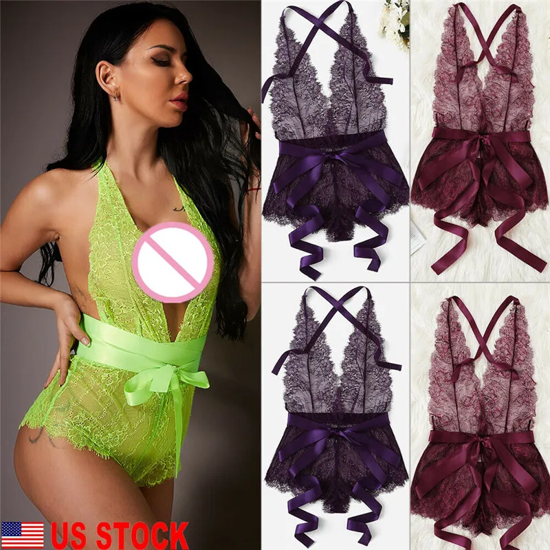 

US Sexy Lingerie Women Backless Lace Nightwear Underwear Sleepwear Babydoll Jumpsuits Badysuit