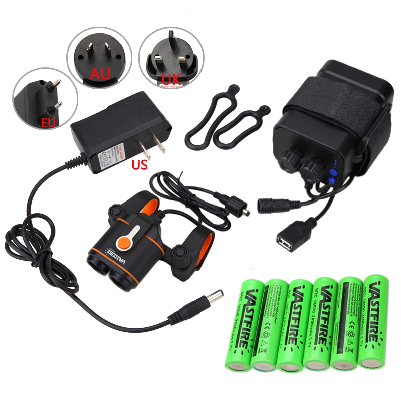 

Front Bike Cycling Lights 2x XM-L2 LED Handlebar Headlight 4 Modes Torch with Waterproof Battery Case +Battery Pack+Charger