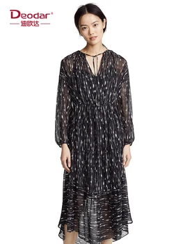 

Deodar Personalized European and American Style Printed Tie Leading Pleated Elastic Waist Cuff Chiffon Two-Piece Dress