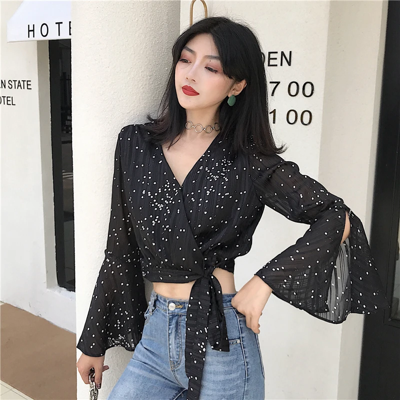 Ceny Lychee Dziewczyny Sexy Polka Dot Drukuj Kobiety Bluzka Koszula V neck Z Długim Rękawem Flary Koronki Up Kr oacute;tka Bluzka Lato Crop Top kobiet Koszula