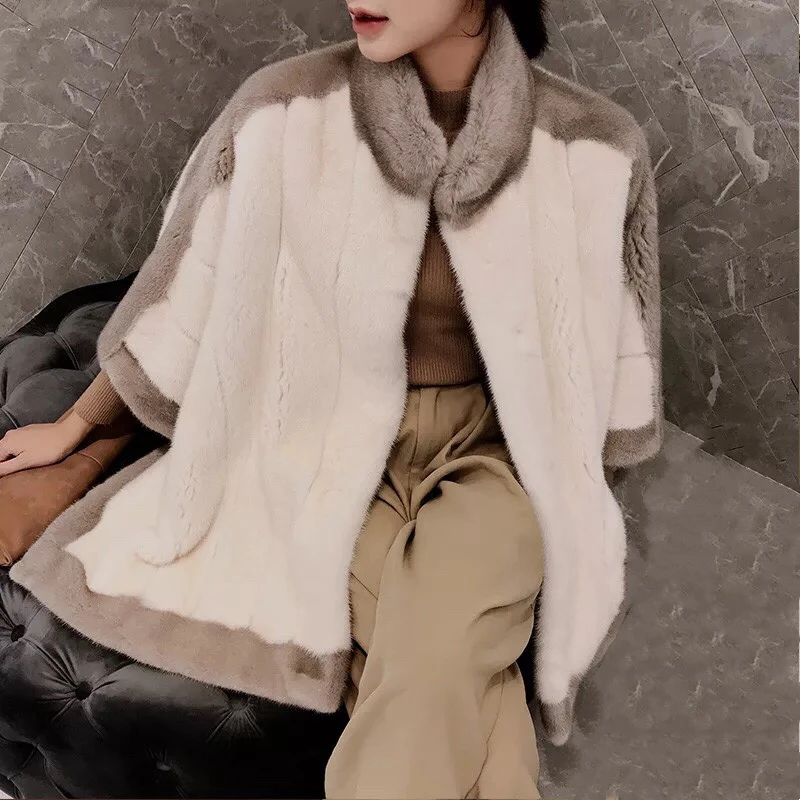 Luxury Women Real Mink Fur Coat White Genuine Poncho Winter Female Jacket Full Pelt Real Fur Shawl Natural Mink Fur Cape Coat