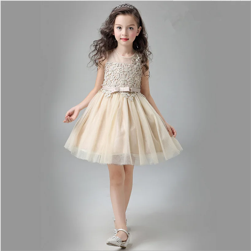 Роскошное милое платье принцессы цвета шампанского с цветочным узором для девочек; Детские элегантные свадебные платья для выступлений; вечернее платье для дня рождения
