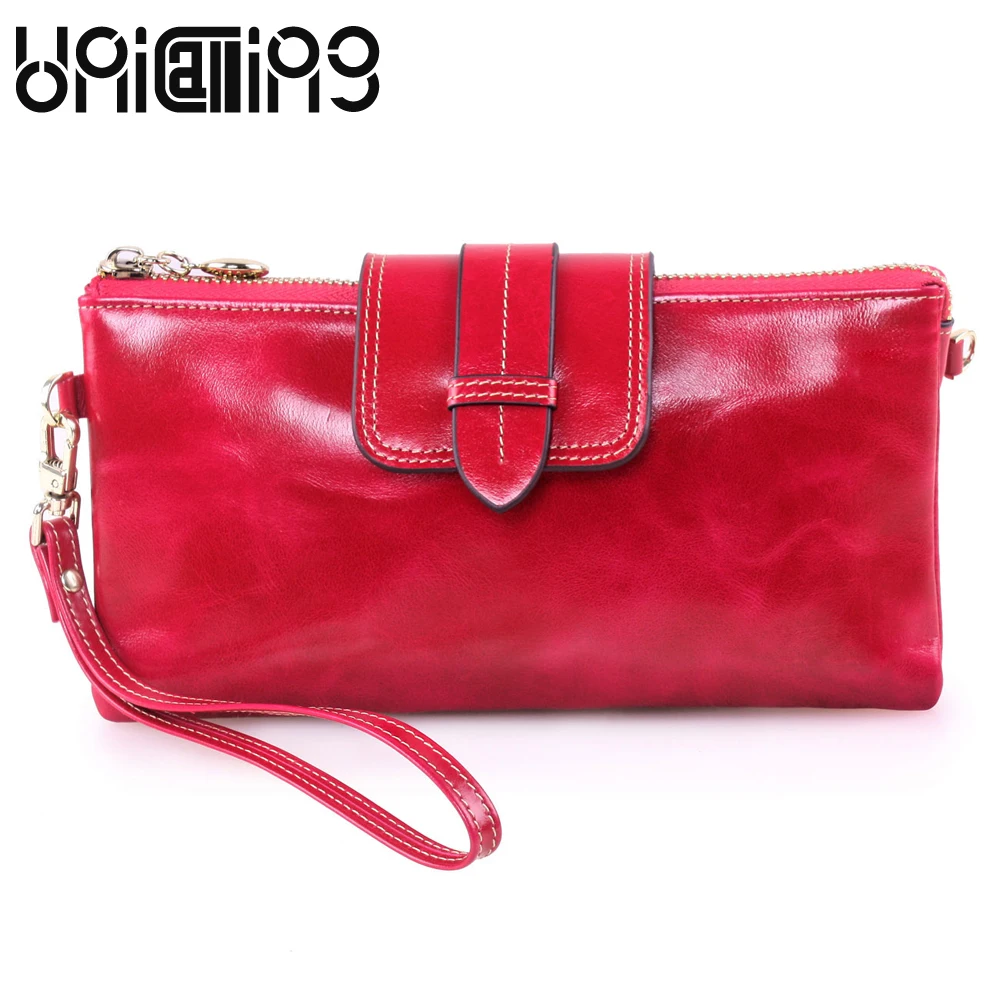 

Genuine Leather large Capacity Women Wallets Solid color Oil Wax Cowhide zipper hasp mini Chain Small fresh long leather purse