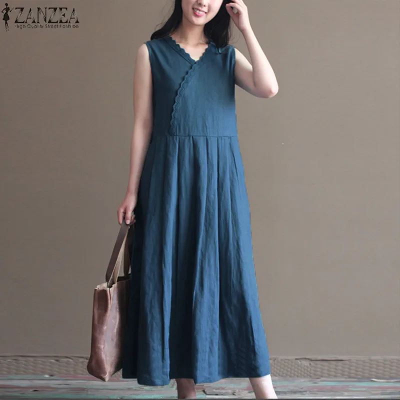 

ZANZEA 2019 Summer Cotton Linen Tank Dress Elegant Women V Neck Sleeveless Solid Casual Beach Party Long Vest Vestido Plus Size