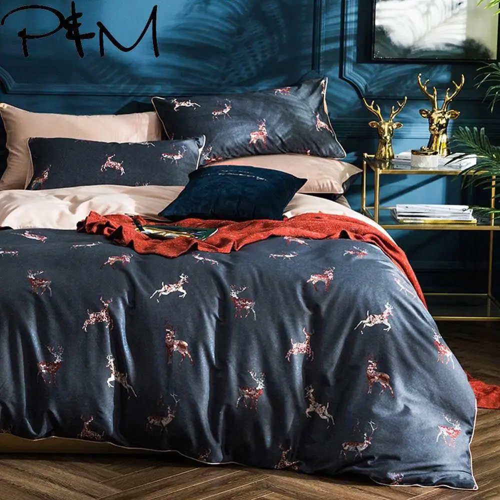

Papa&Mima Deer print Egyptian cotton Queen size Luxurious bedding set duvet cover flat sheet pillowcases