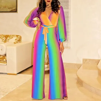 

Rainbow Deep V Neck Women Jumpsuit Wide Leg Loose Playsuit Casual Sashes Overalls