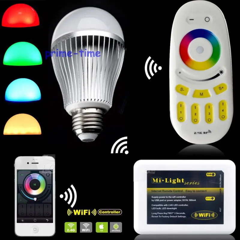 

Milight 2.4G E27 9W RGBW RGB+Warm White Full Color LED Bulb FUT016 + 4-Zone RF Remote Controller FUT092 + Wifi iBOX2 Controller