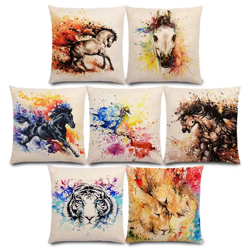 

New Animals Watercolor Art Painting Fine Horse Eagle Wolf Lion Leopard Tiger Elephant Bird Cushion Cover Sofa Pillow Case