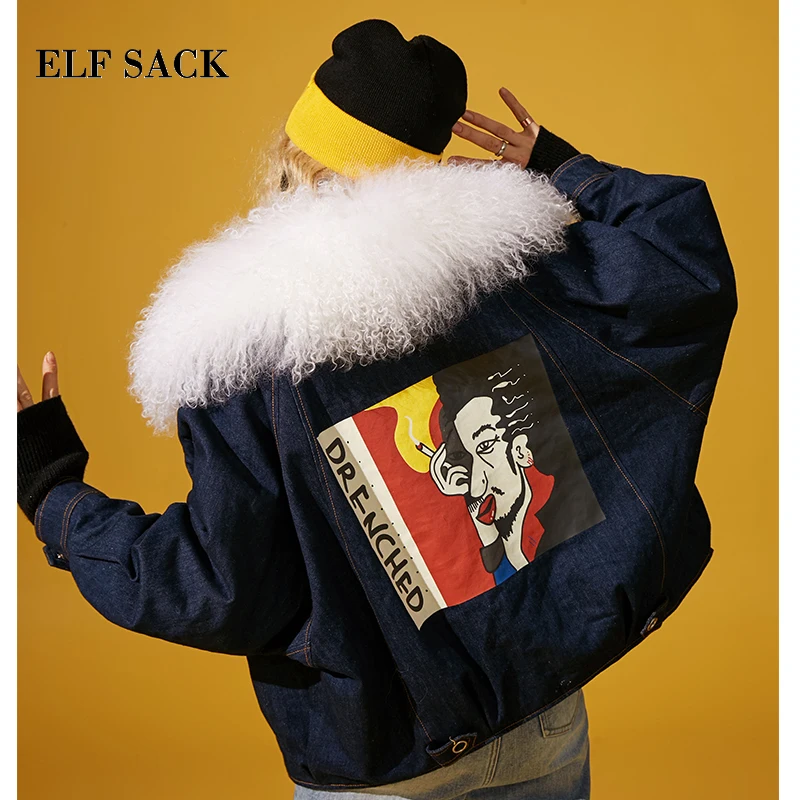 

ELF SACK New Warm Woman Thick Coat Cotton Casual Patchwork Denim Femme Jackets Long Sleeve Zipper Winter Wearing Jackets Coats